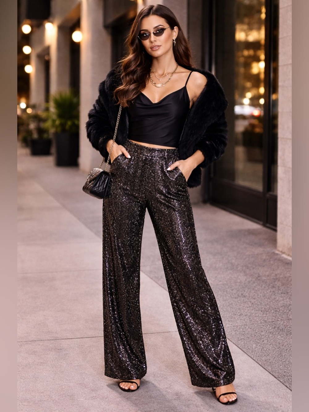 H&M Black Sequin Wide-Leg Pants